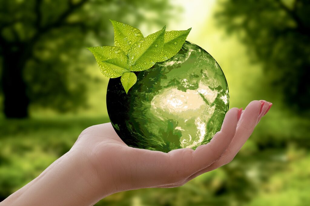 Green earth held by a hand