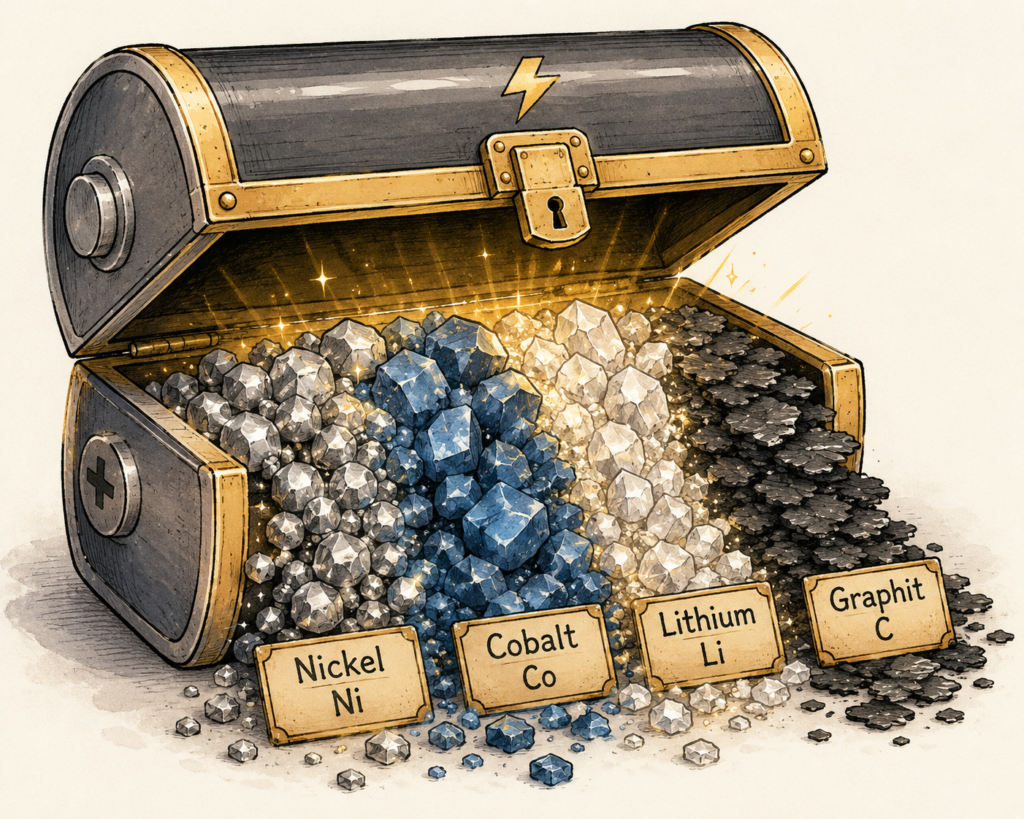 Treasure box of a battery with valuable materials Co, Ni, Li and graphite inside