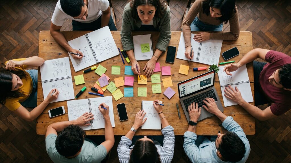Group work setting - people sitting around a table with post-its, laptops and sheets of paper